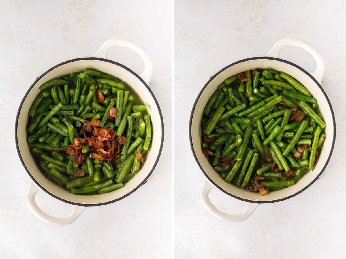 A side-by-side image of bacon and seasonings, added to the pot of green beans and then stirred to combine.