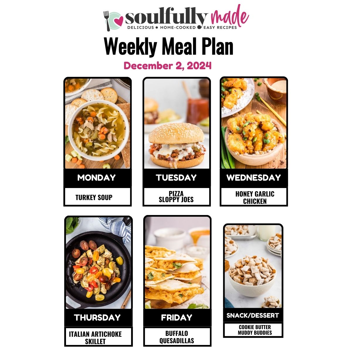 Soulfully MadeWeekly meal plan graphic for December 2, 2024.