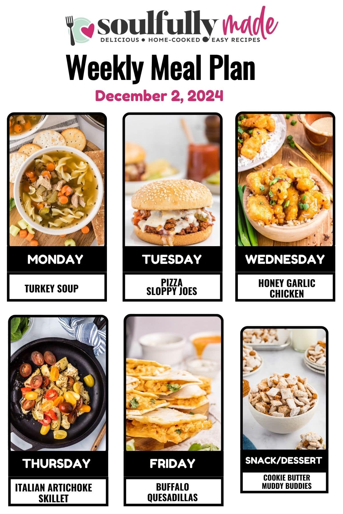 Soulfully MadeWeekly meal plan graphic for December 2, 2024.