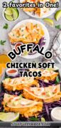 Buffalo Chicken Soft Tacos are shown here on a metal serving dish with avocado, cilantro and cabbage.