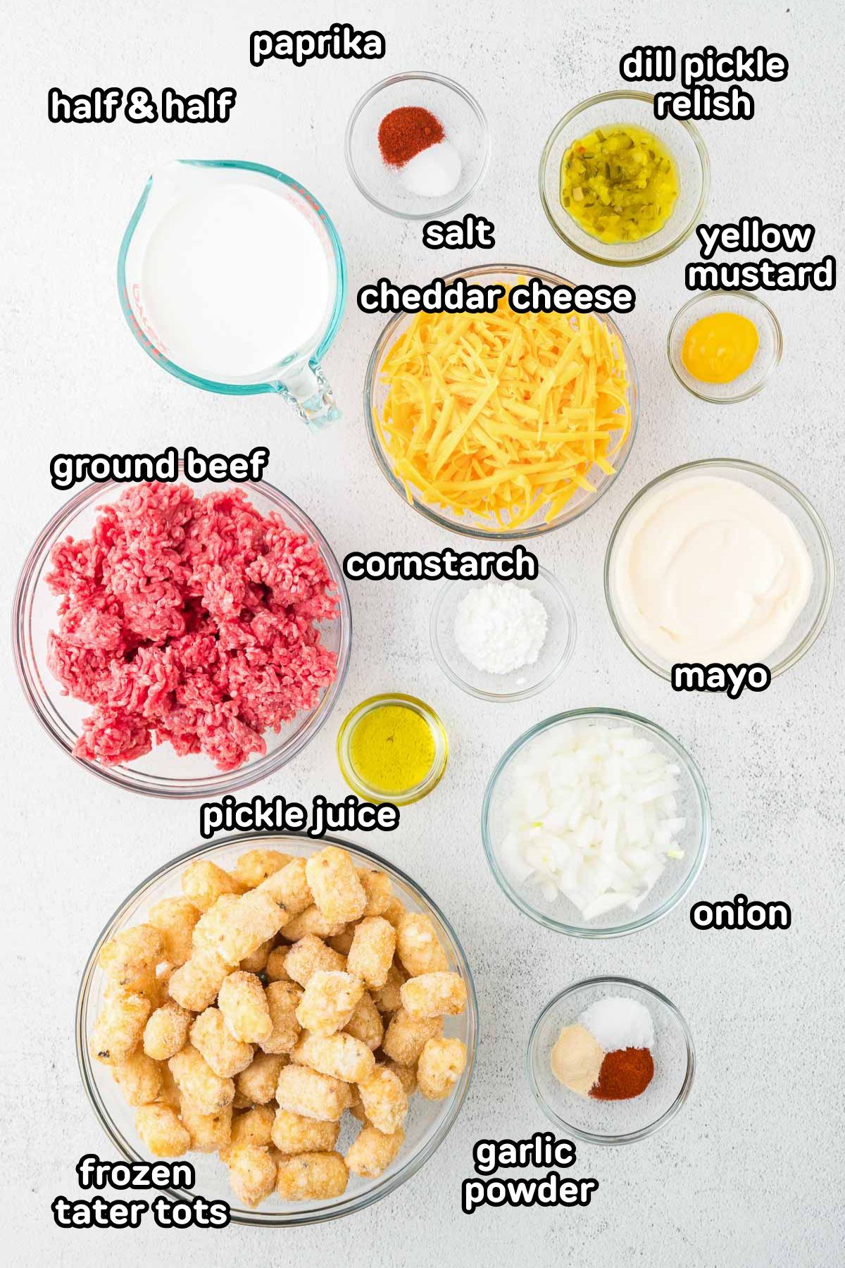 Labeled photo of ingredients needed to make big mac tater tot casserole.