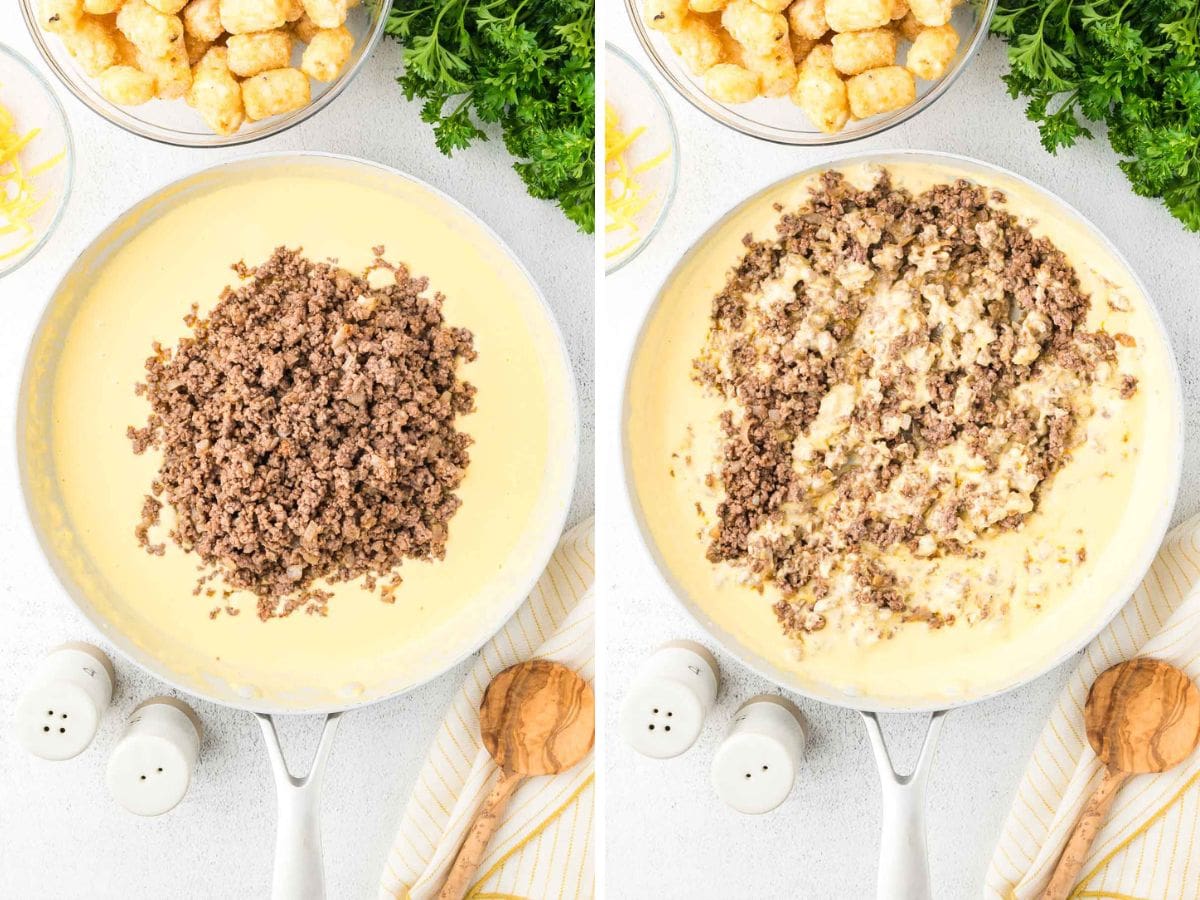 Side by side photos of cheese sauce with ground beef added back in.