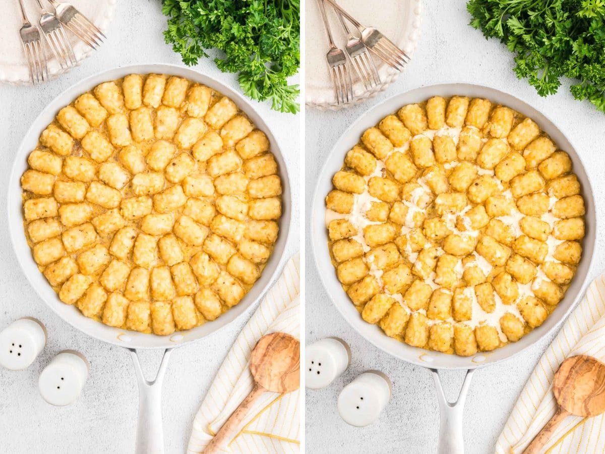 Side by side photos of tater tots layers on top before and after baking.