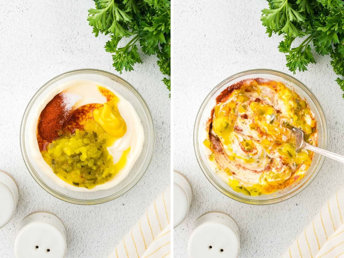 Side by side photos of mixing together the big mac sauce ingredients in a small bowl.