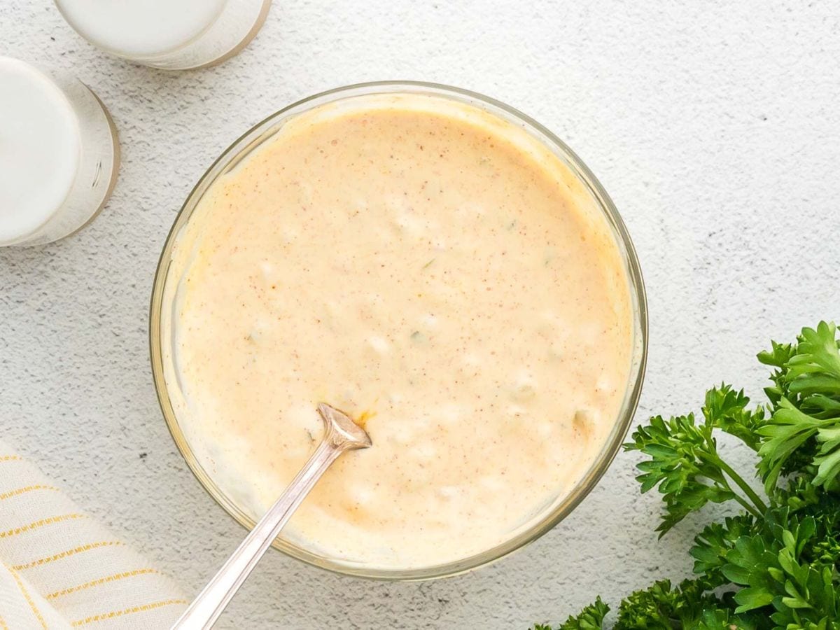 Big mac sauce in a small glass bowl.