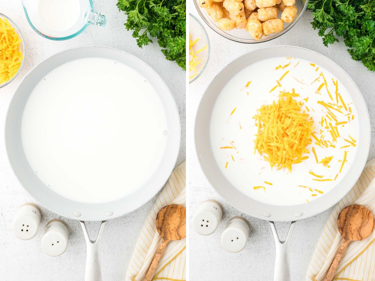 Side by side photos of making a cheese sauce in a skillet.