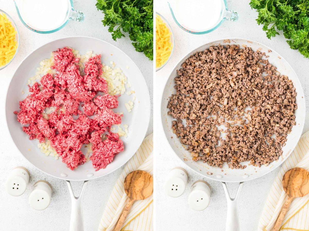 Side by side photos of browning the beef with an onion in a skillet.