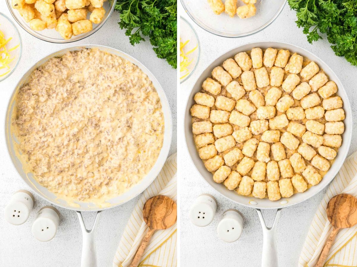 Side by side photos of the ground beef and cheese mixture being topped with frozen tater tots.