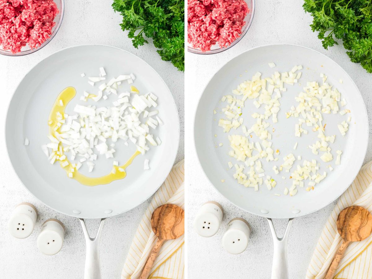 Side by side photos of cooking diced onion in olive oil.