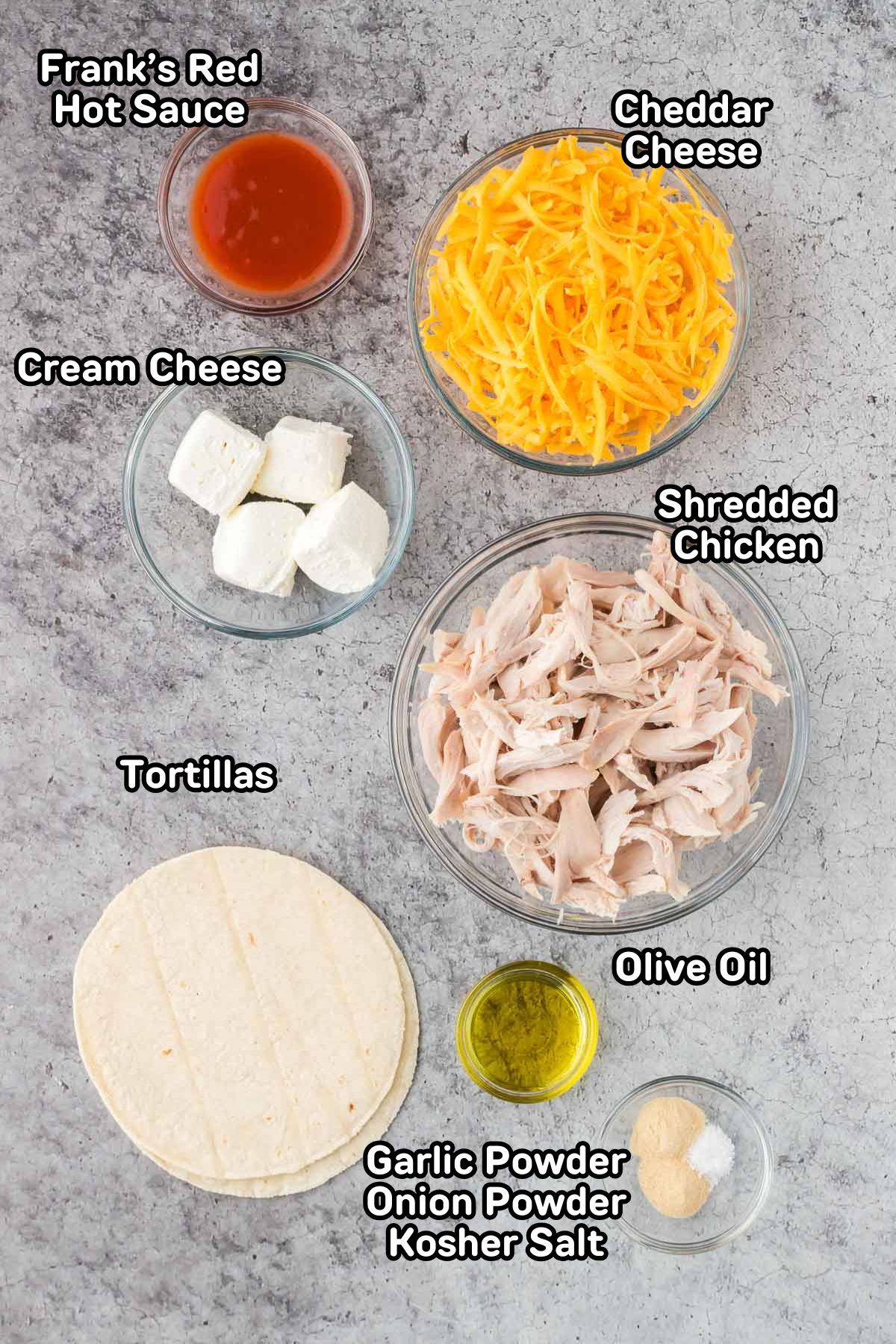 Labeled photo of the ingredients needed to make buffalo chicken tacos.