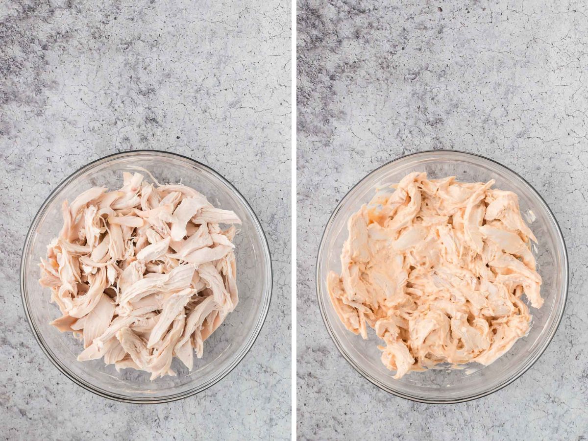 Side by side photos of combining shredded chicken with seasoned cream cheese in a mixing bowl.