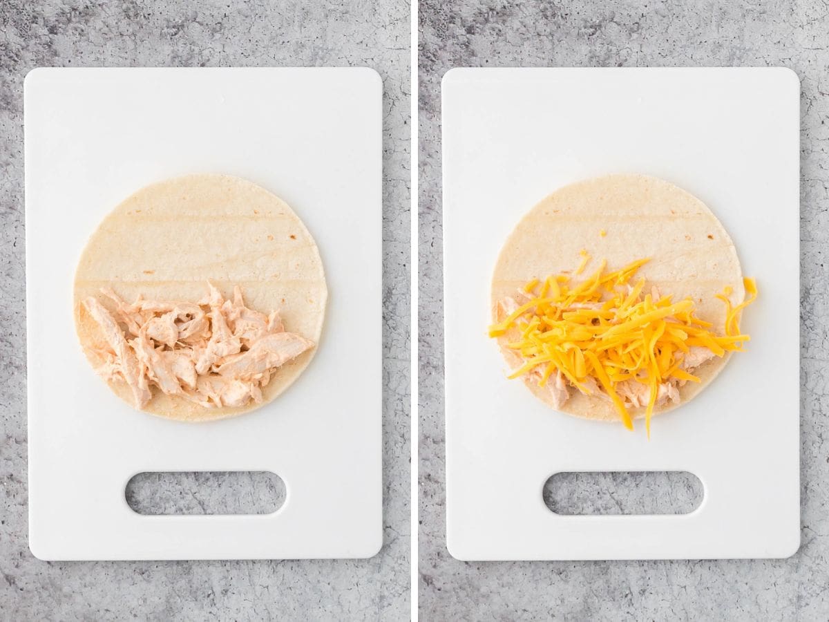 Side by side photos of assembling the filling in the buffalo chicken tacos.