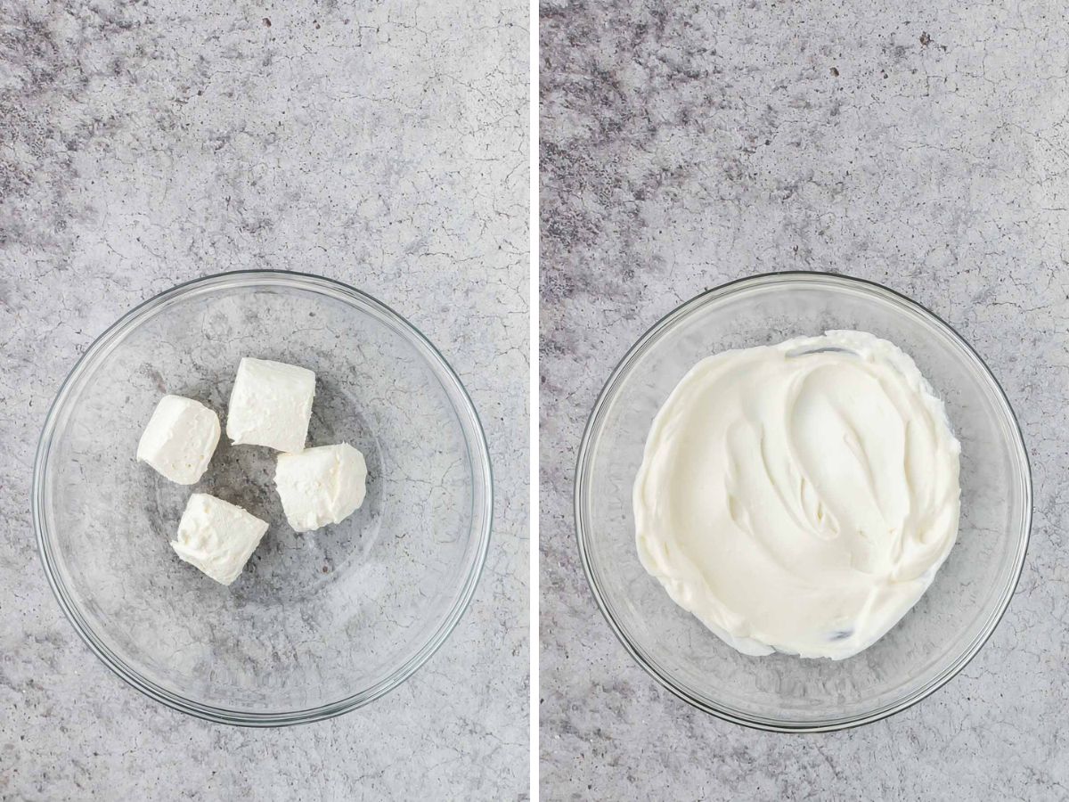 Side by side photos of cream cheese before and after being microwaved.