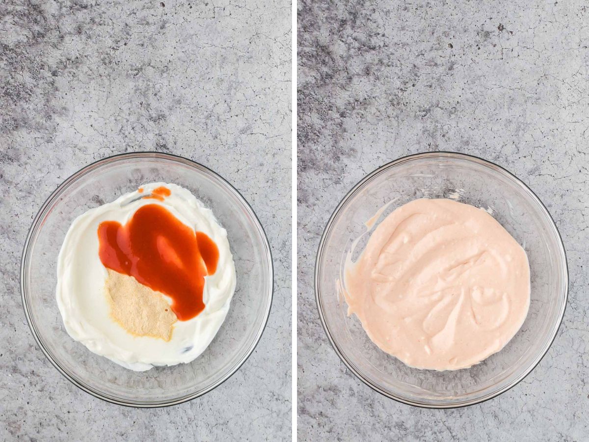 Side by side photos of combining buffalo sauce, spices and cream cheese in a mixing bowl.