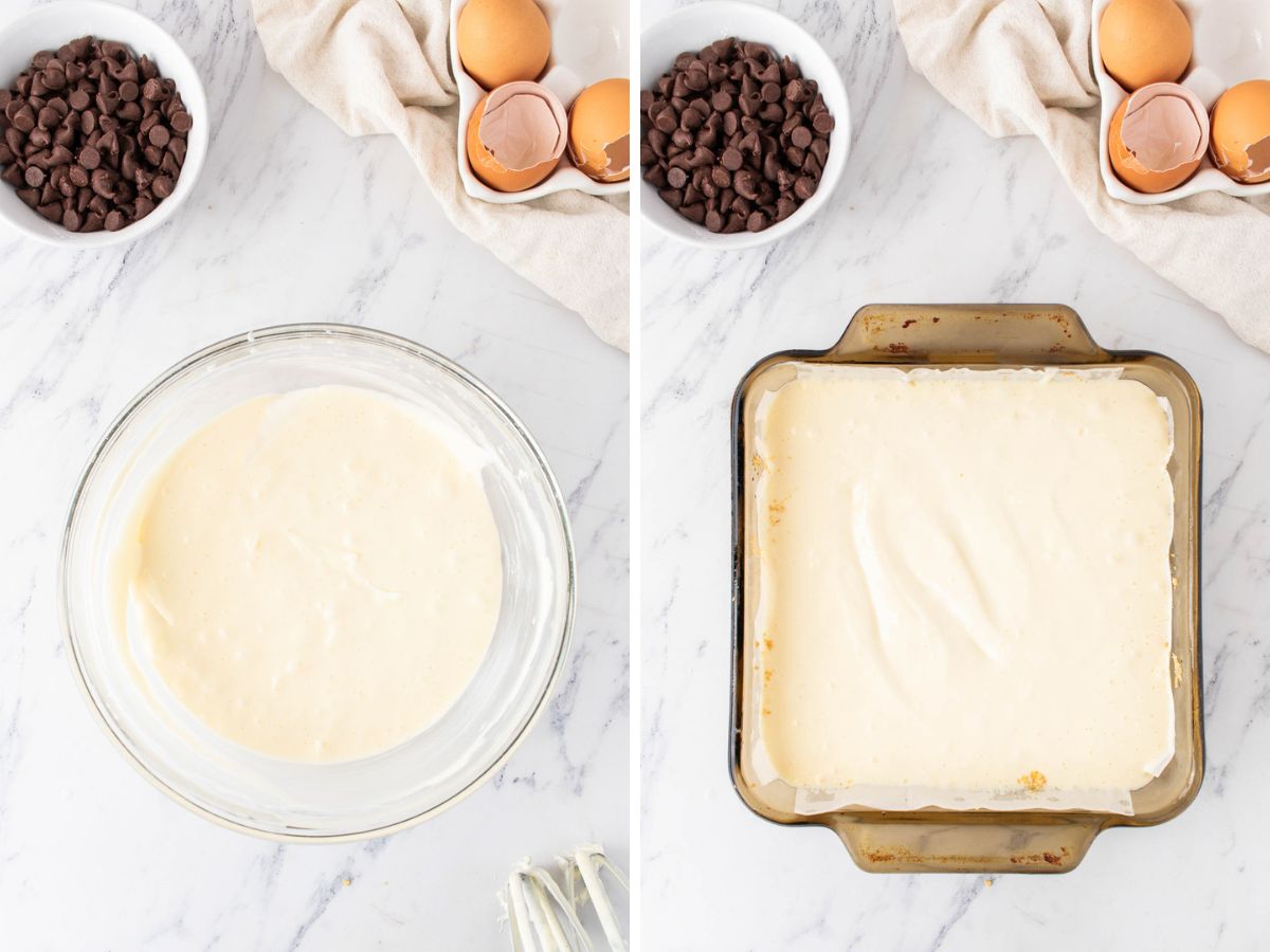 Side by side photos of the cheesecake layer in a bowl and then poured into the baking dish.