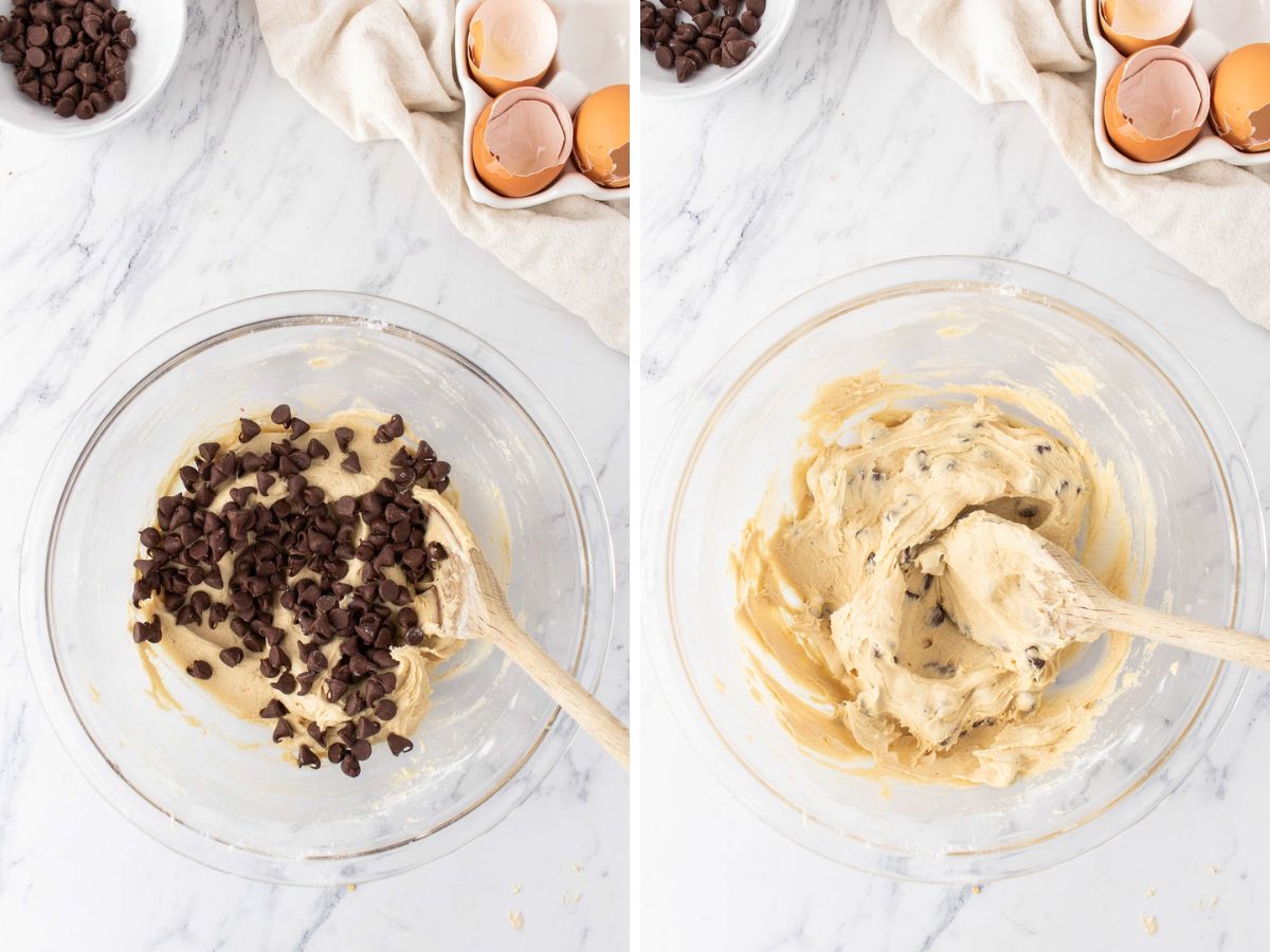 Chocolate chips folded into the cookie dough mixture in a mixing bowl.