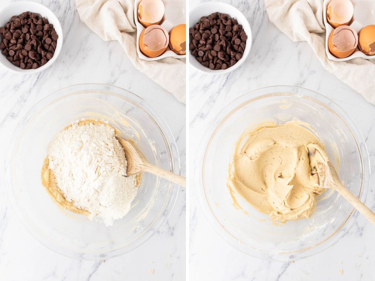 Side by side photos of mixing the cookie dough layer in a mixing bowl.