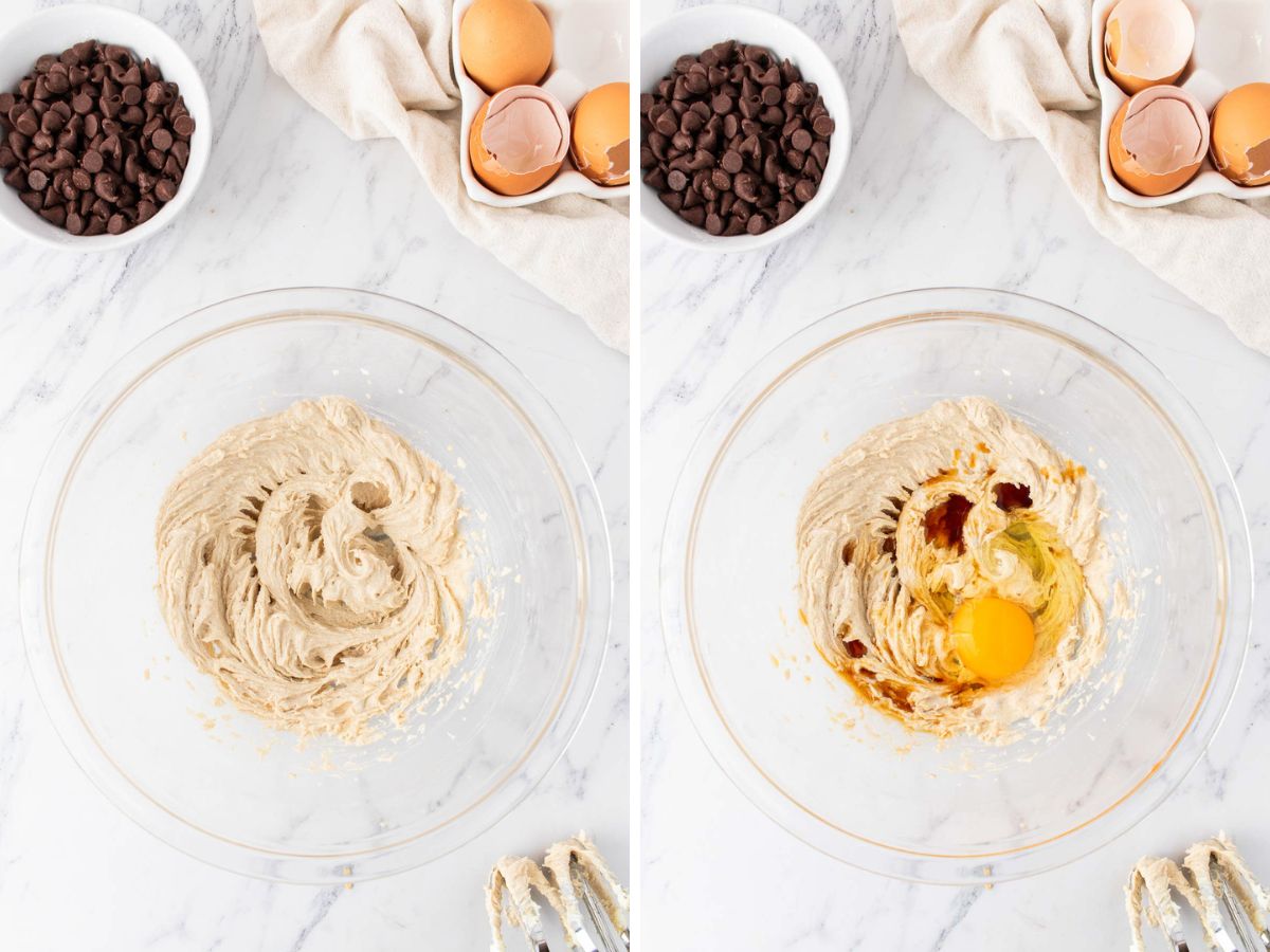 Side by side photos of creaming butter and sugar together and adding eggs and vanilla.