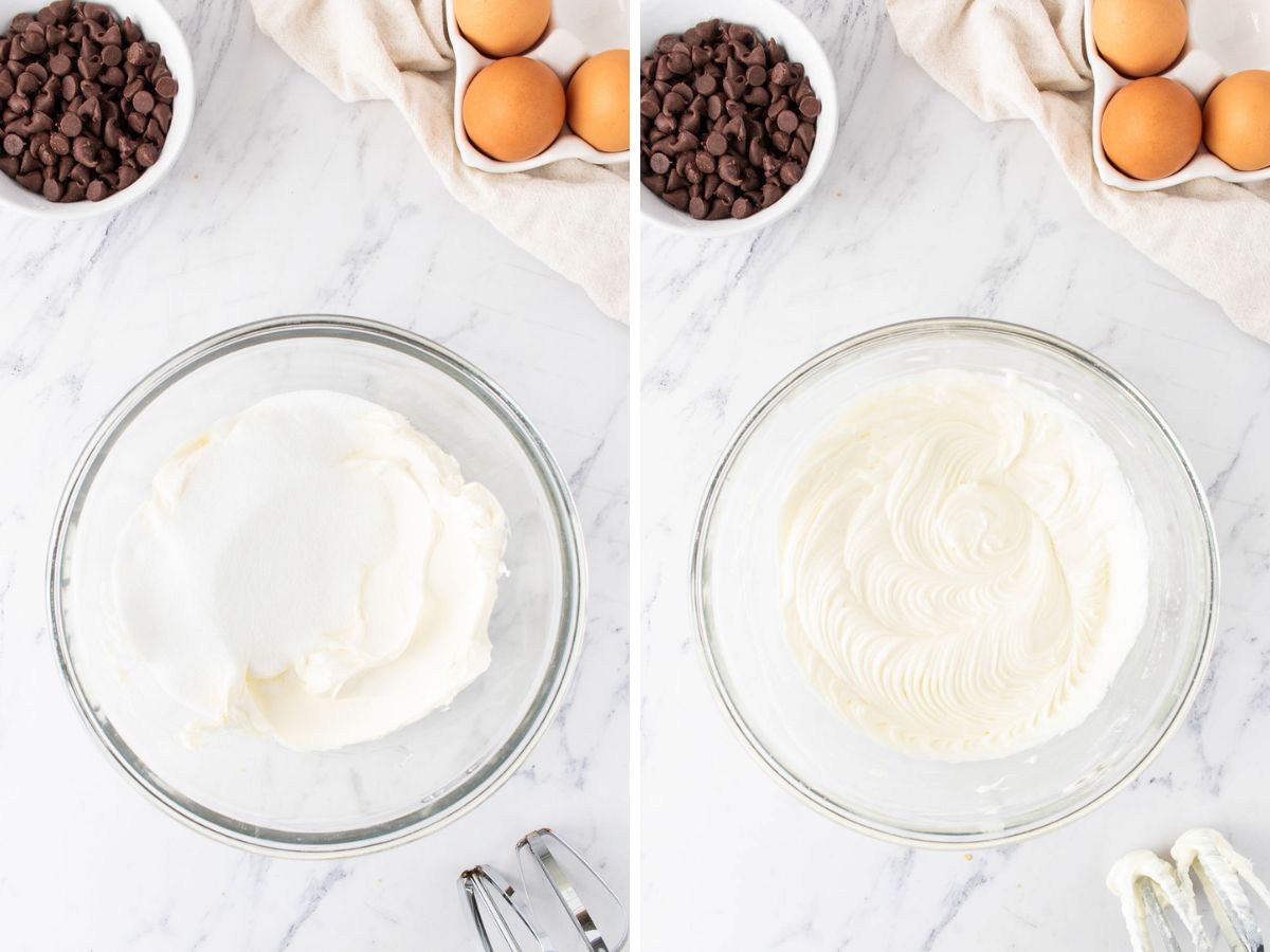 Side by side photos of whipping the cream cheese and sugar together in a bowl.