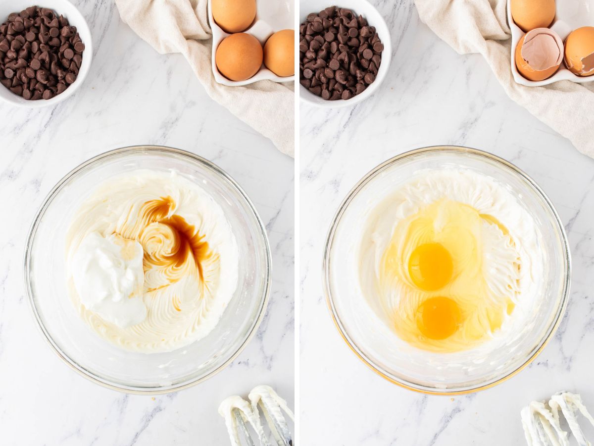 Side by side photos of adding sour cream, vanilla and eggs to cream cheese mixture in a bowl.