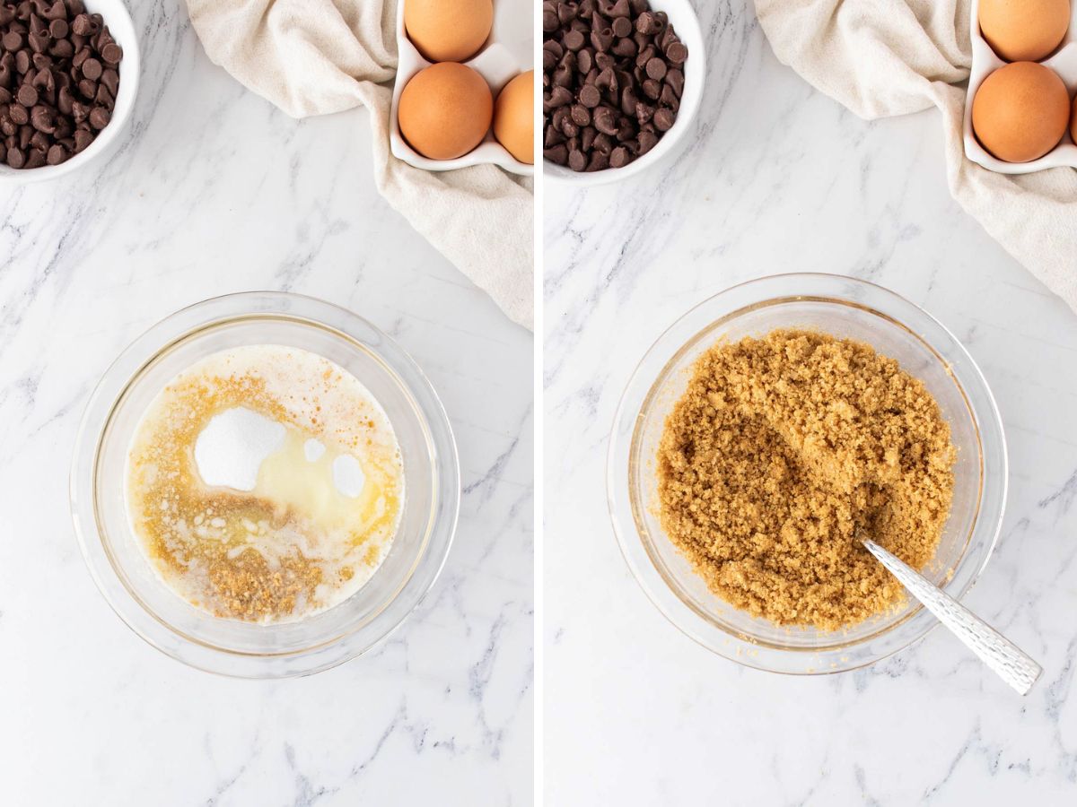 Side by side photos of making the graham cracker crust in a small mixing bowl.