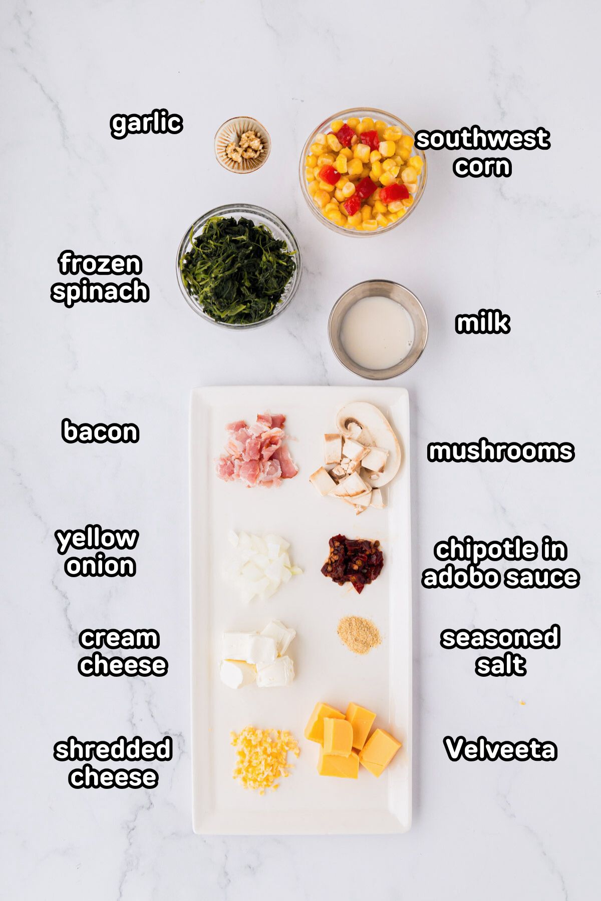 A labeled image of ingredients needed to make creamed Mexican spinach.