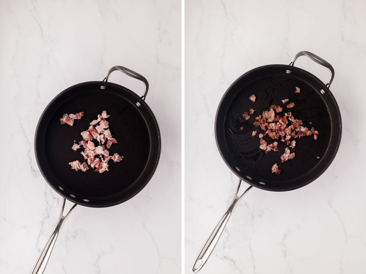 a skillet cooking bacon pieces.