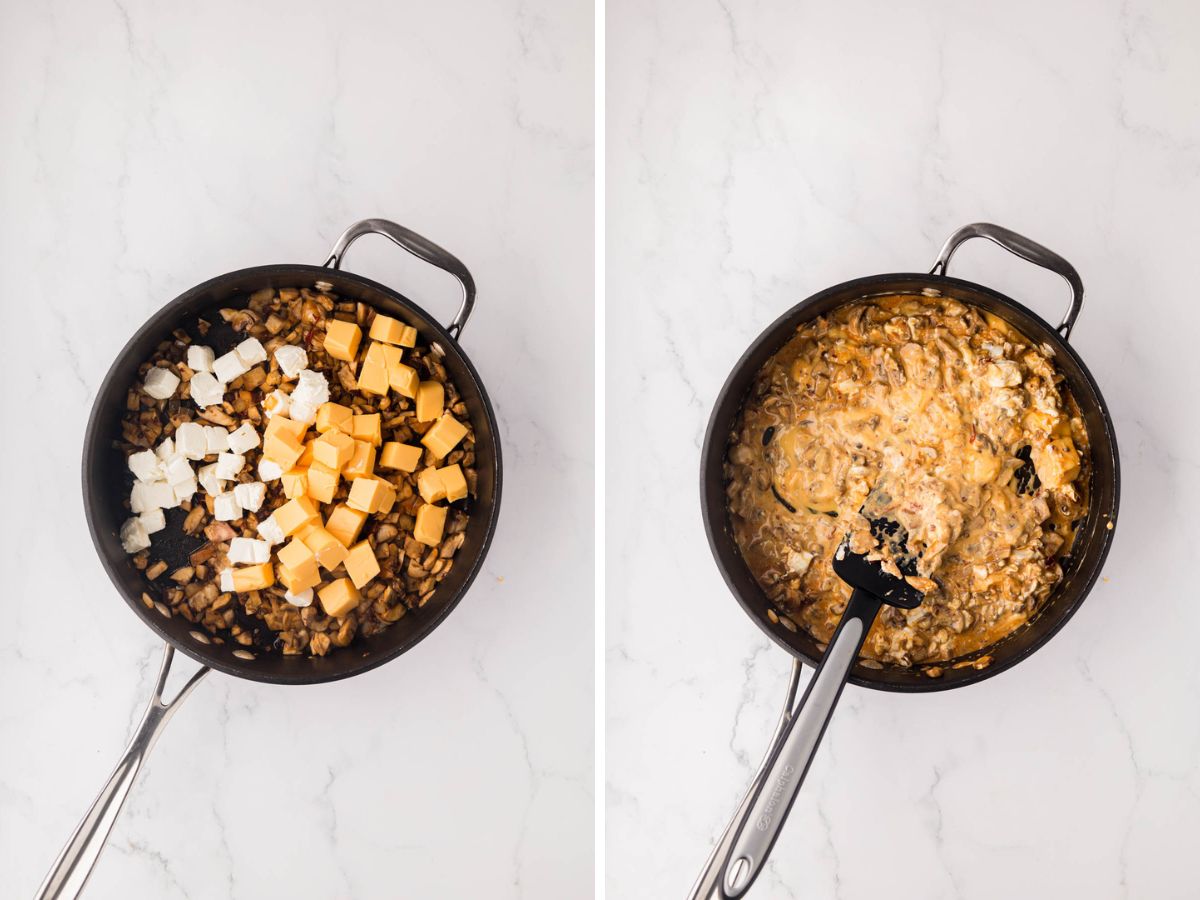 A skillet with mushrooms and cheese.