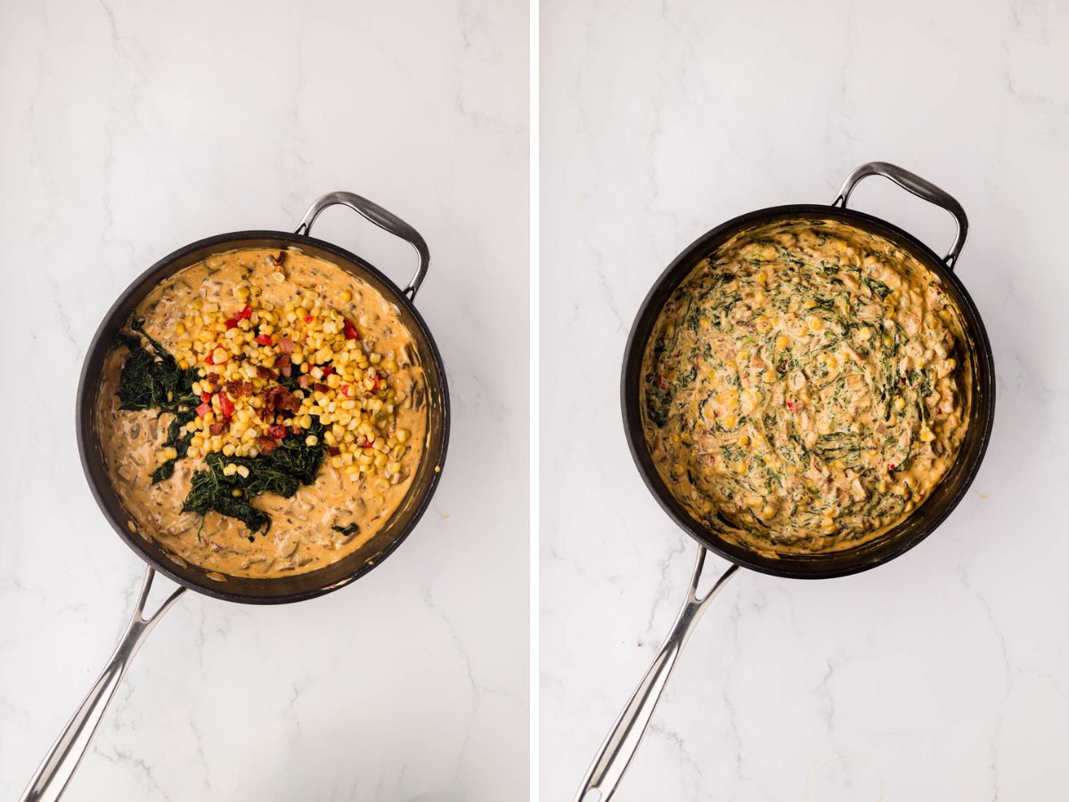 Adding spinach and corn to cheese sauce in a skillet.