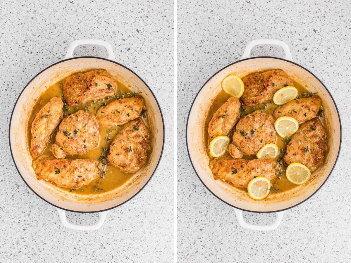 Side by side photos of lemon butter chicken simmering in the sauce with fresh lemon slices added.