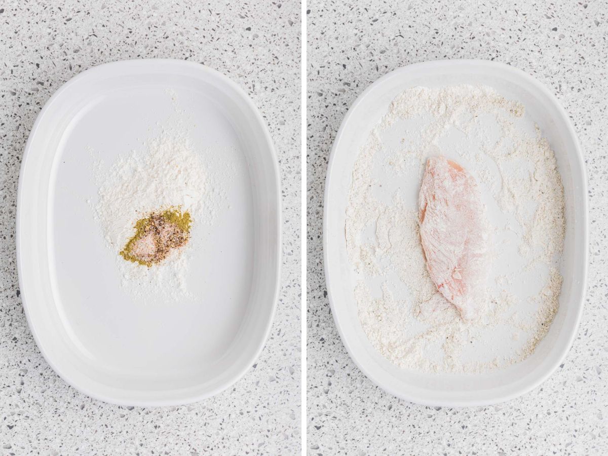 Side by side photos of combining the flour mixture and dredging the chicken in it.