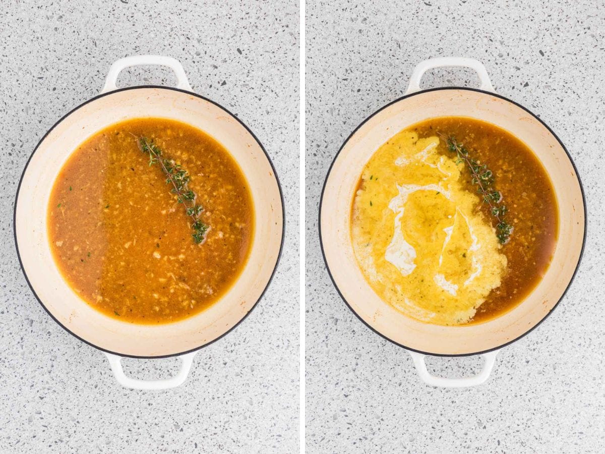 Side by side photos of making the lemon butter sauce in a pan.