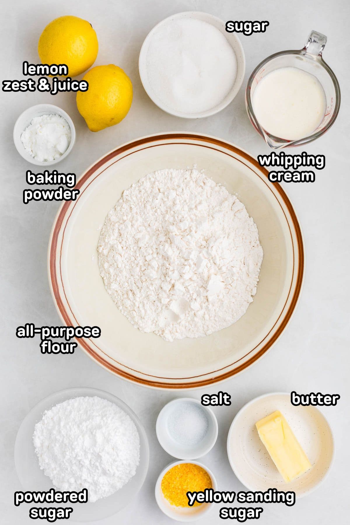 Labeled photo of lemon cream scone ingredients.