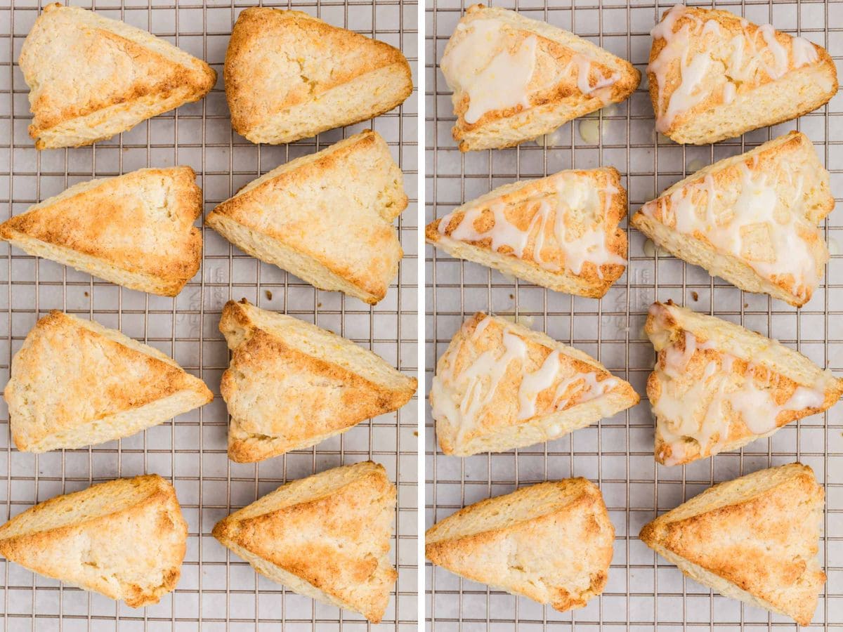 Side by side photos of baked lemon cream scones before and after glazing.