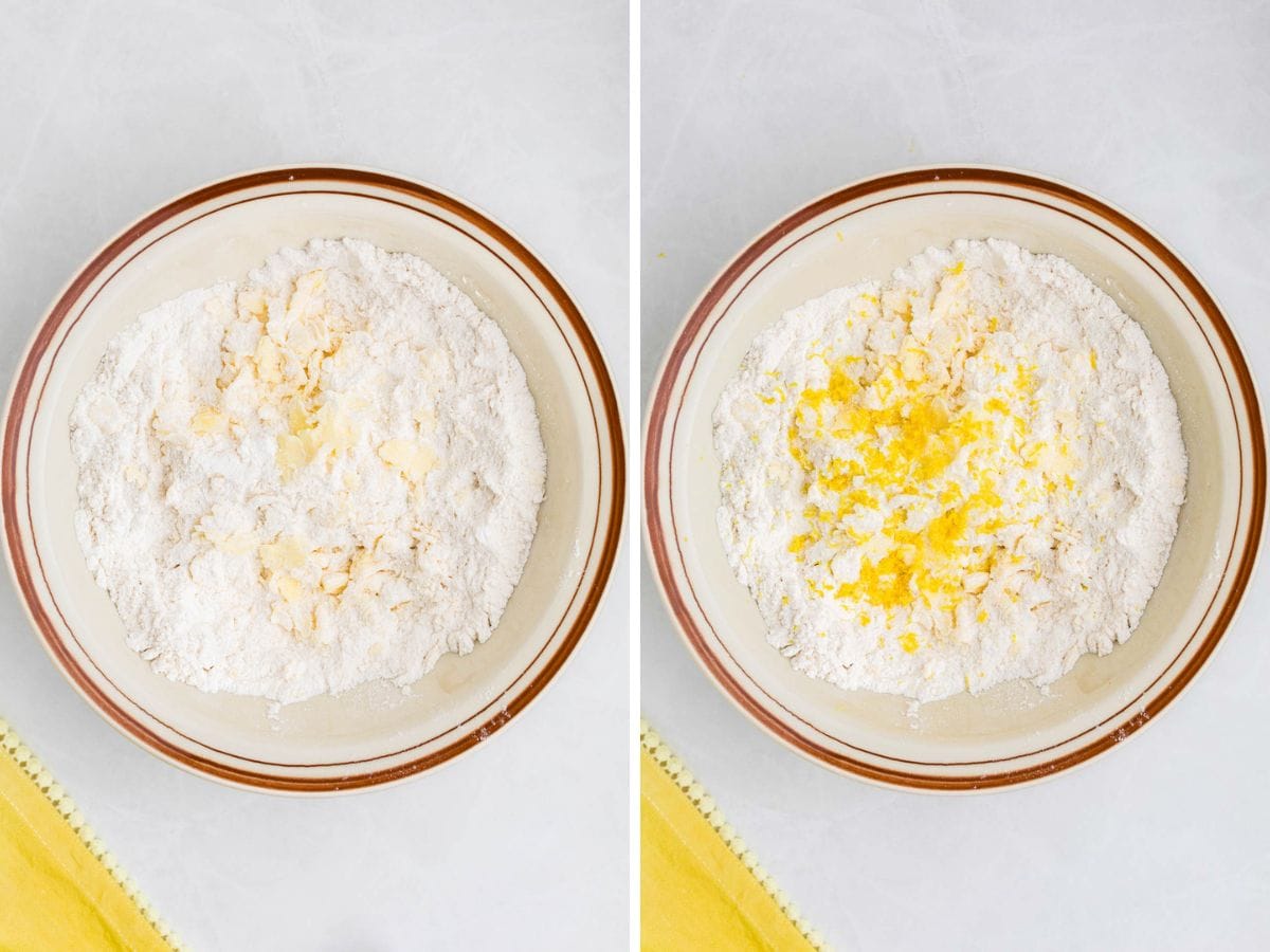 Side by side photos of combining dry ingredients with butter and lemon zest in a bowl.