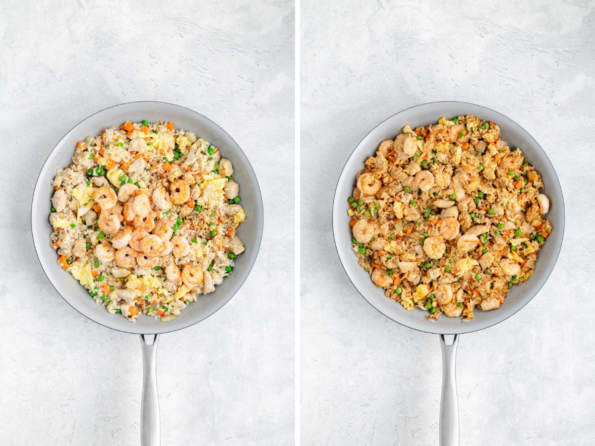 Side-by-side image of shrimp added to the skillet and then then sauces and stirred to combine.