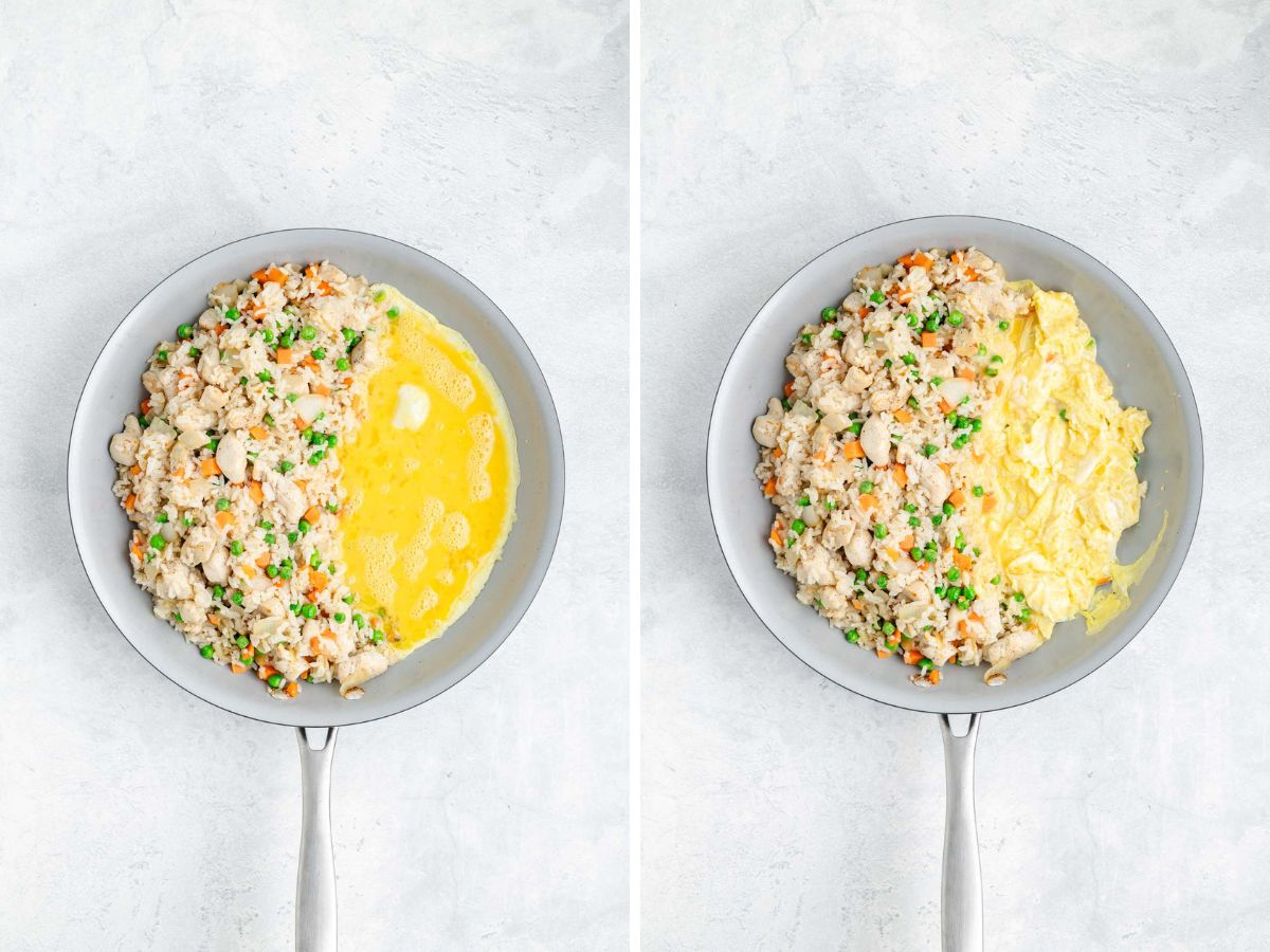 A side-by-side image of the fried rice mixture pushed to one side of the skilled and eggs poured in the other side, then the eggs scrambled.