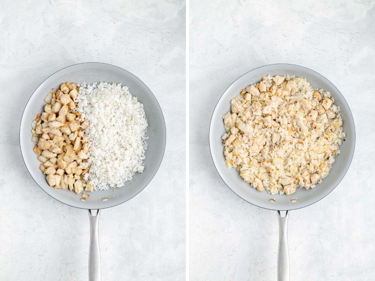 A side-by-side image with diced chicken, rice and onion, and then it combined in a skillet.