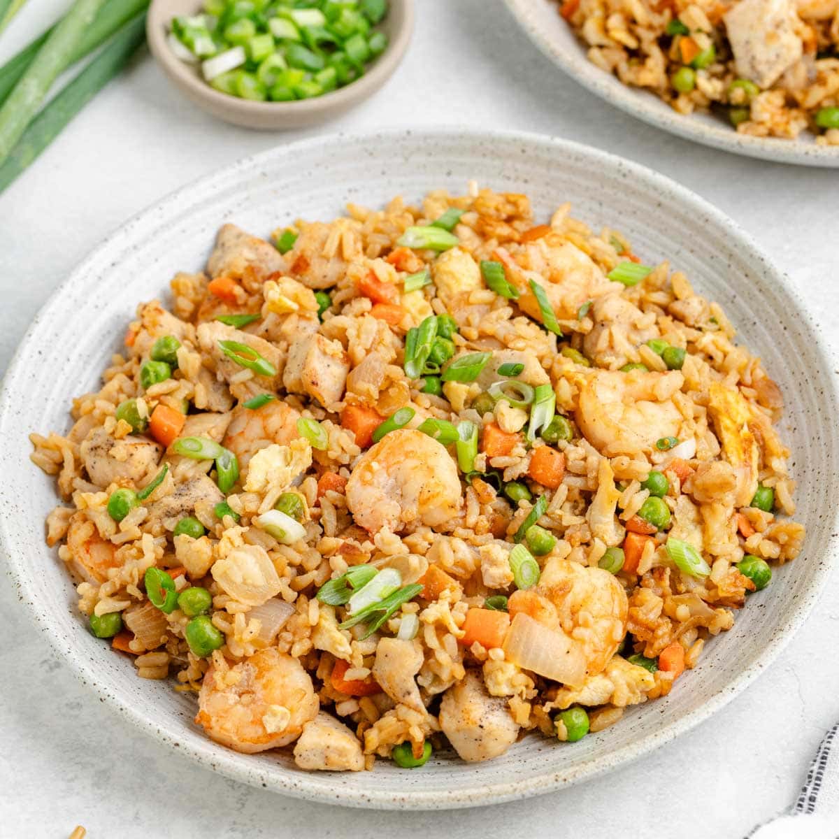 A white speckled bowl filled with shrimp and chicken fried rice with a serving bowl in the background with chopped green onions as garnish.