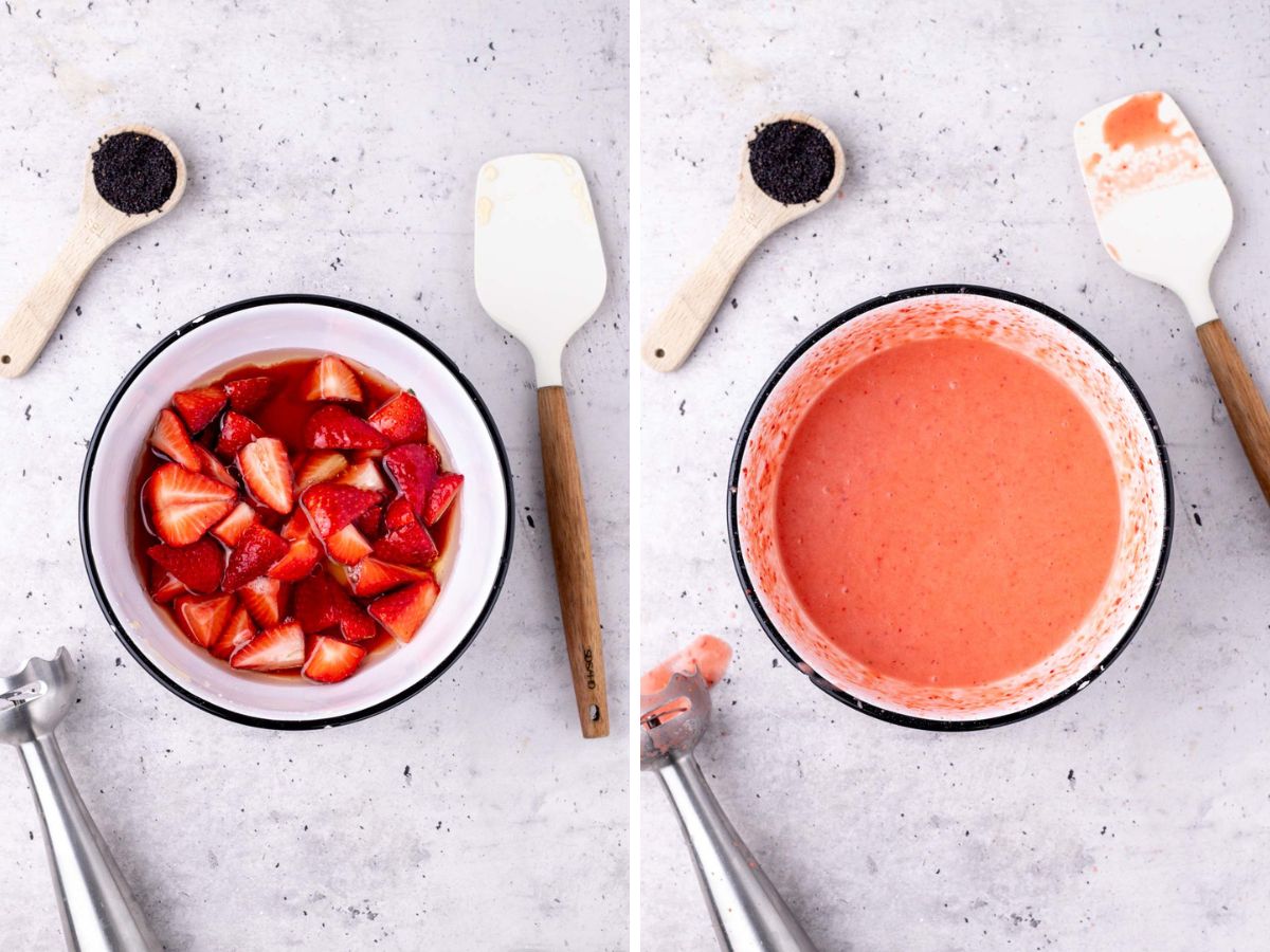 Side by side photos of strawberry poppy seed dressing before and after being blended.