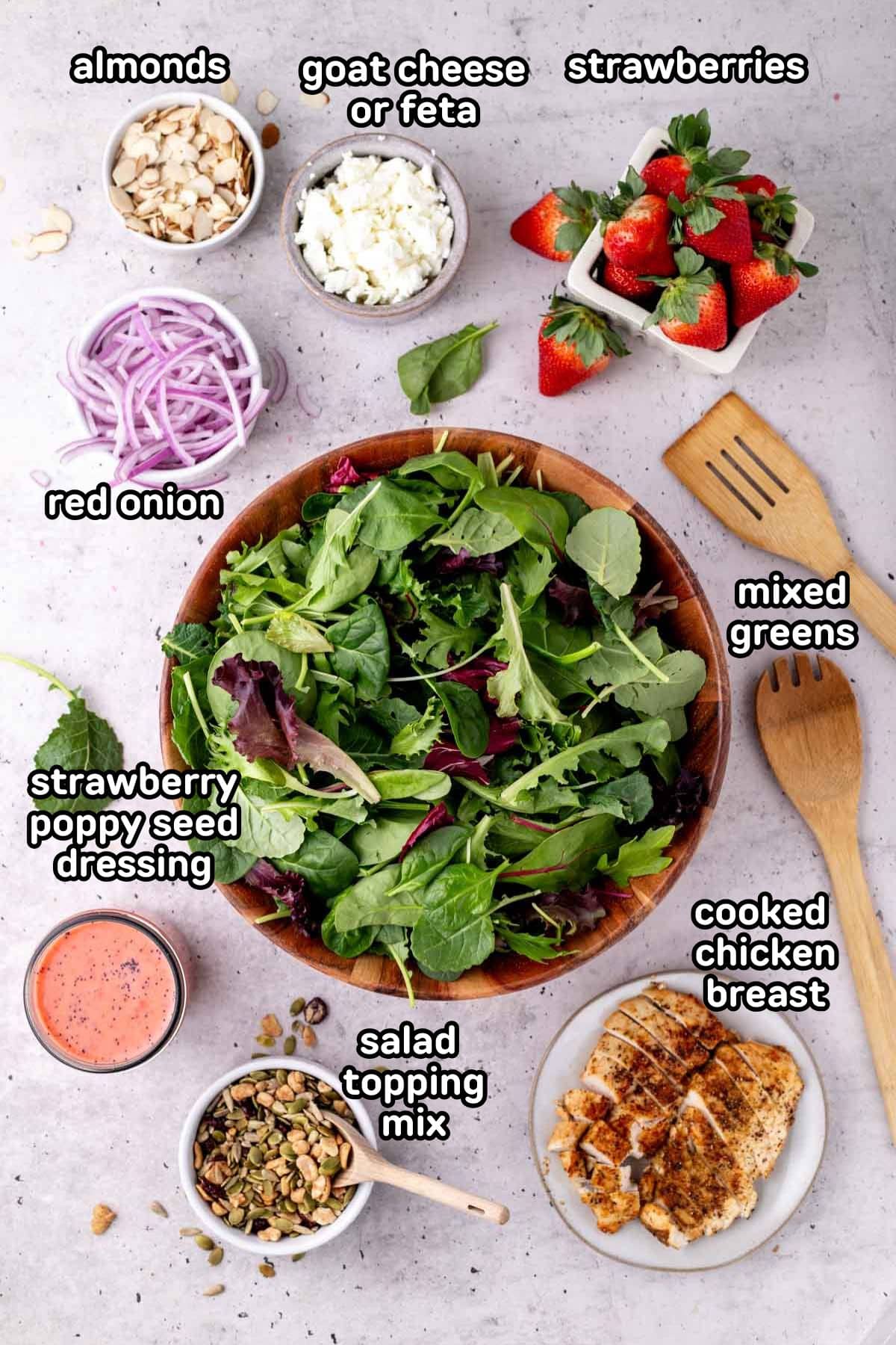 Ingredients needed to make strawberry salad with chicken.