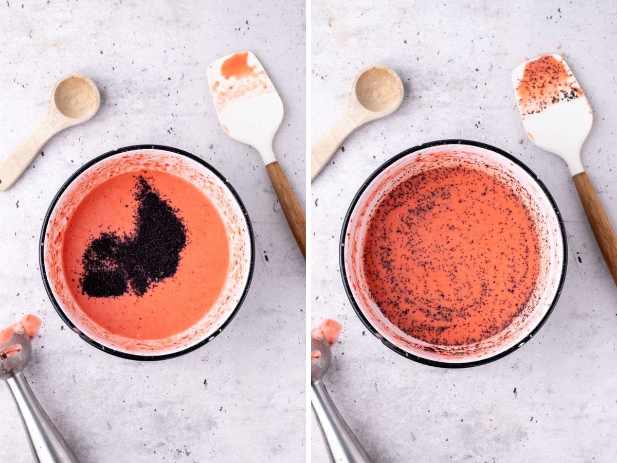 Side by side photos of adding the poppy seeds into the strawberry dressing.