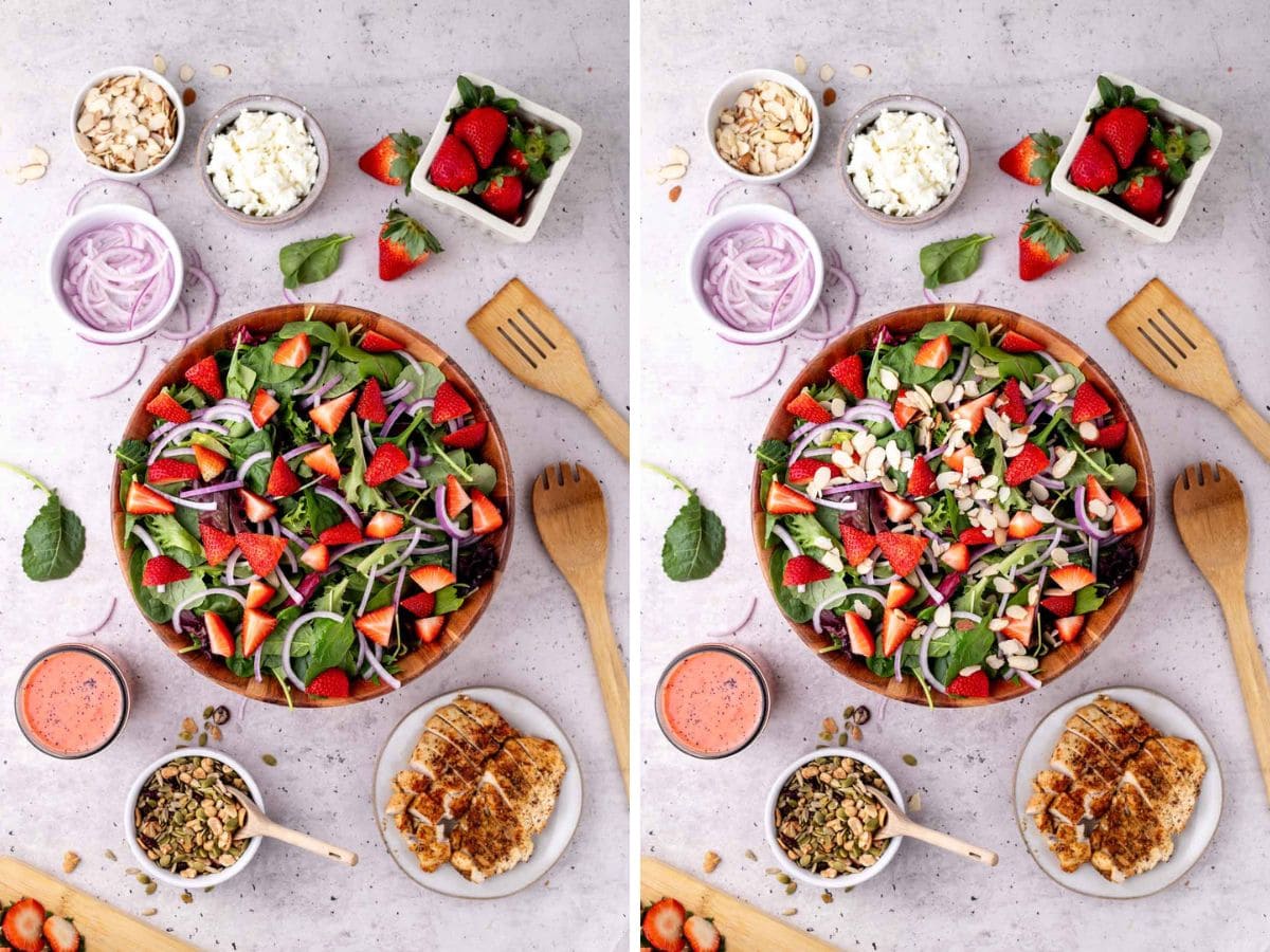 Side by side photos of adding the strawberries and sliced almonds to the salad.