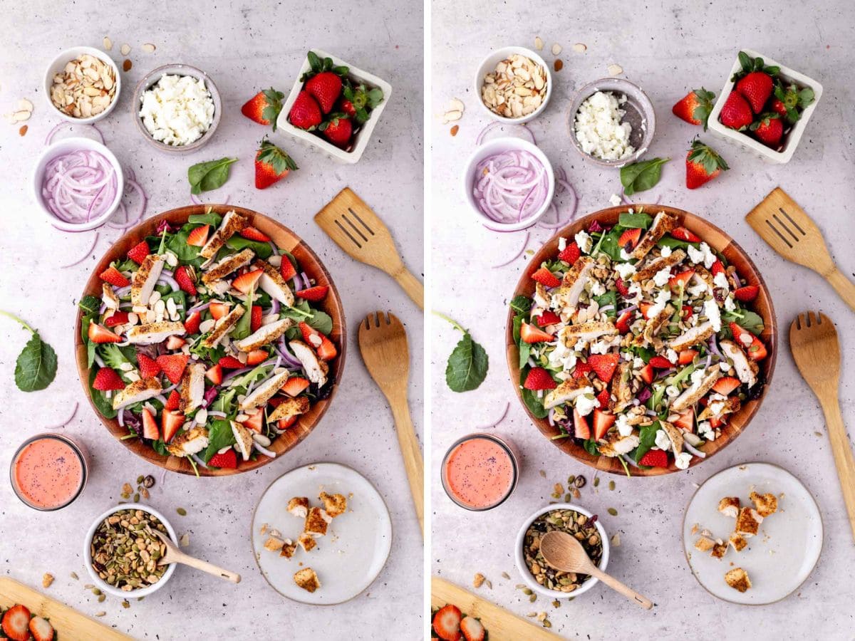 Side by side photos of adding the grilled chicken and cheese to the salad.