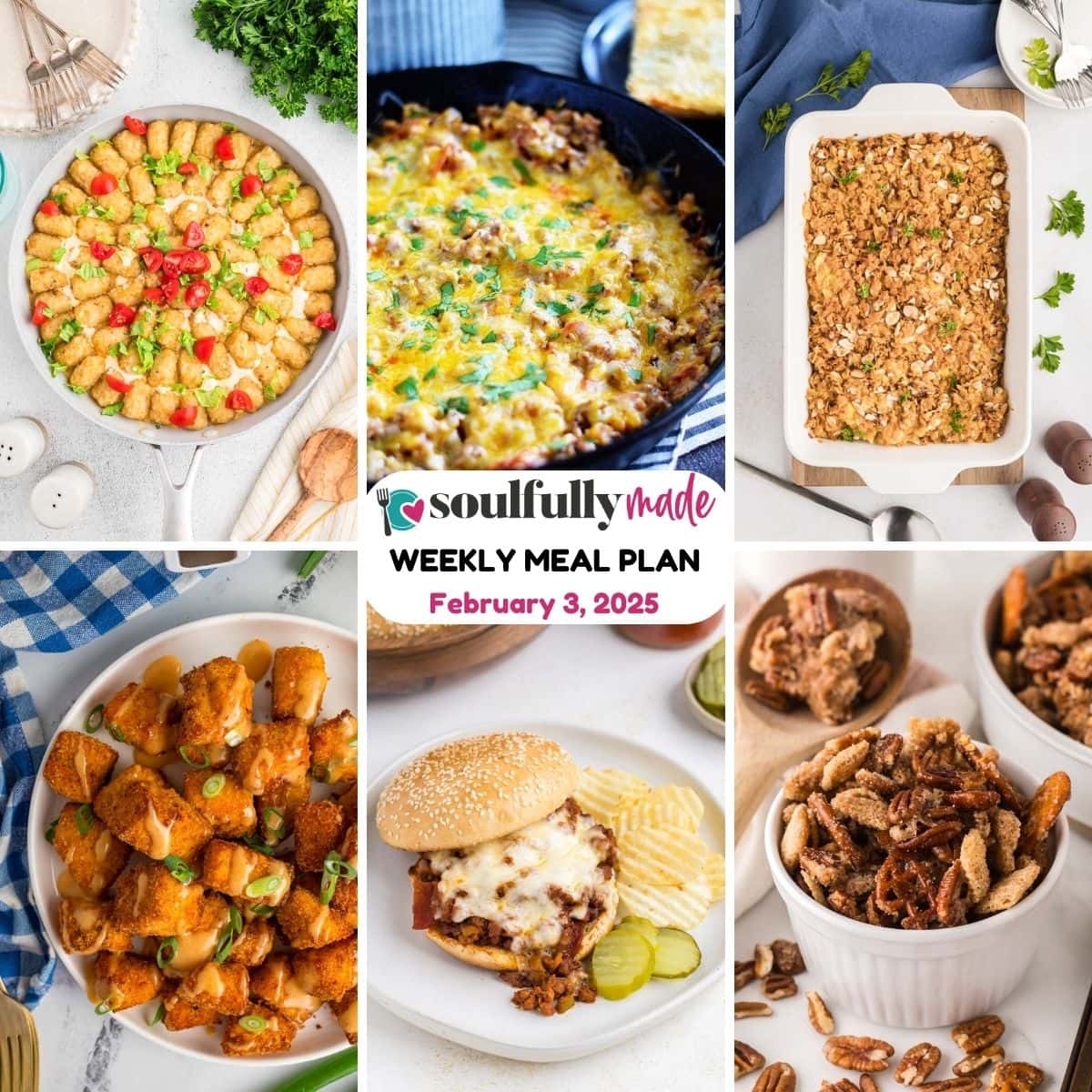 weekly meal plan graphic showing 6 recipes of the week.