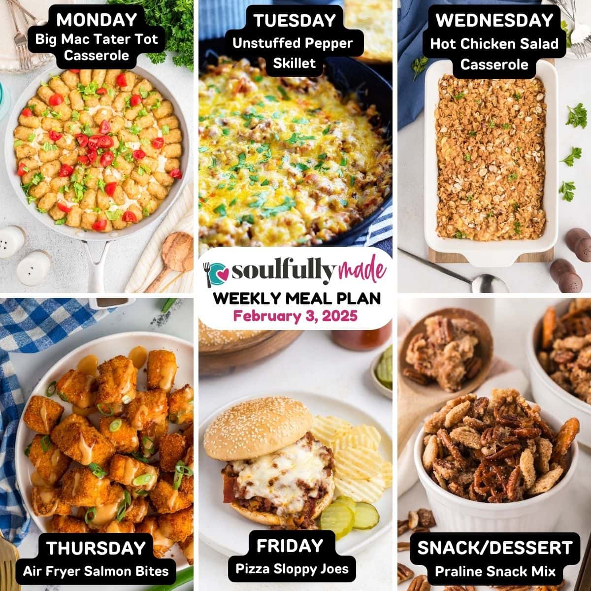 Soulfully Made weekly meal plan graphic for February 3, 2025 showing recipes of the week.