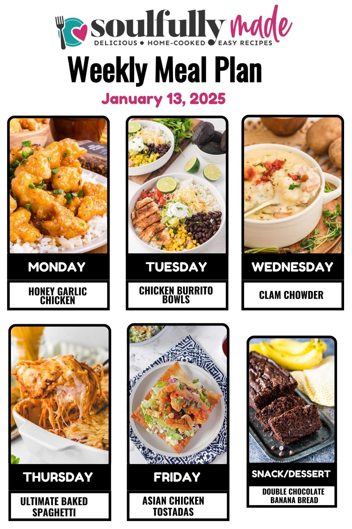 Soulfully Made weekly meal plan January 13, 2025 graphic.