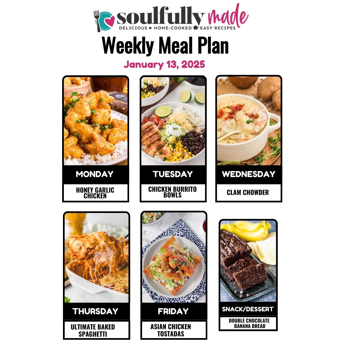 Soulfully Made weekly meal plan January 13, 2025 graphic.