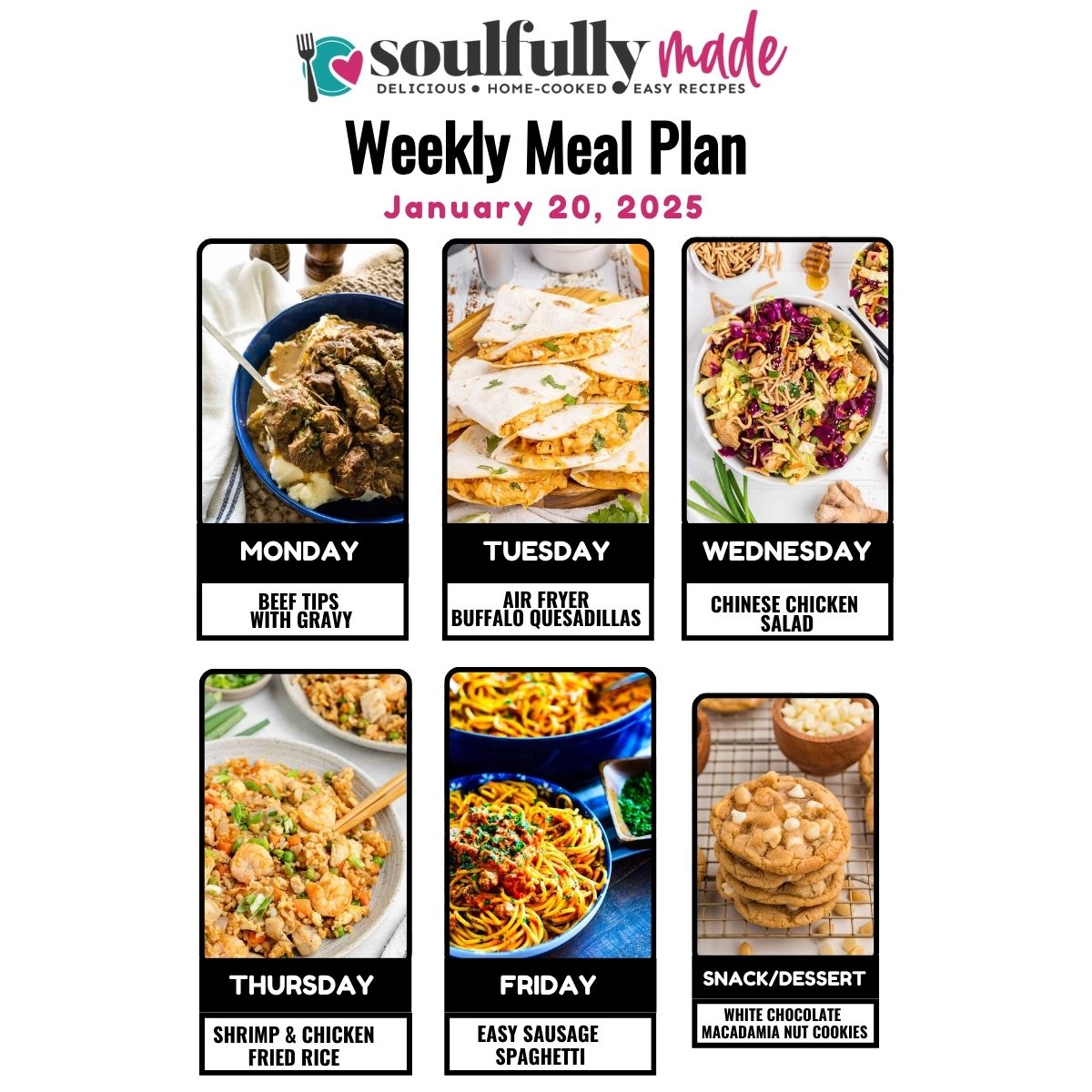 Soulfully Made meal plan graphic for January 20, 2025.