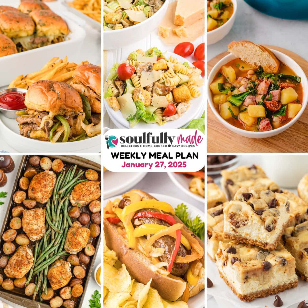 weekly meal plan graphic showing 6 recipes of the week.